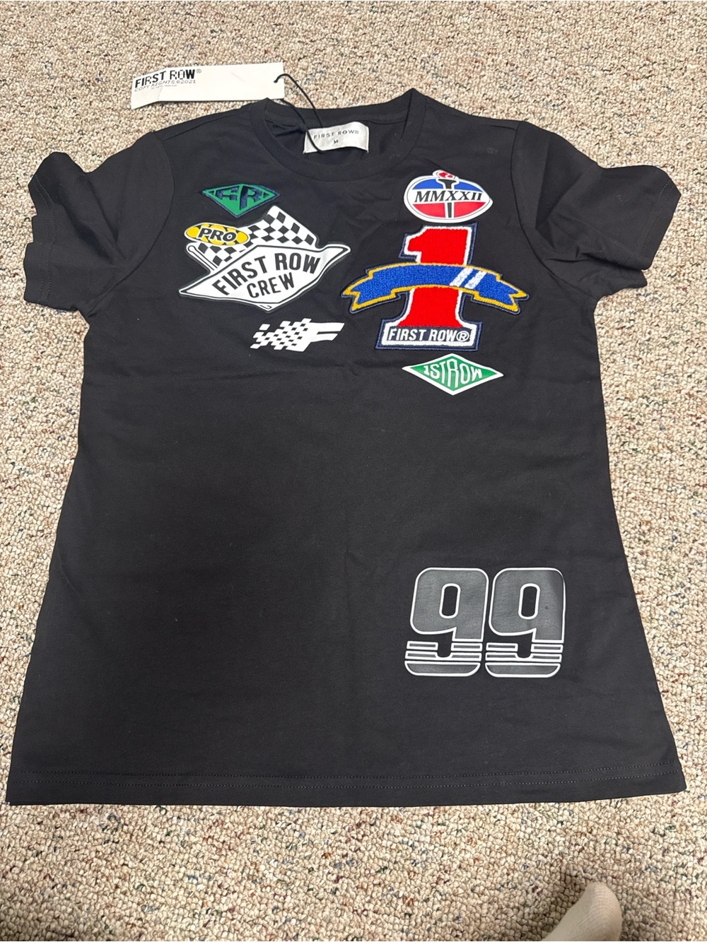 First Row Black Short-Sleeve Racing Patch Graphic Tee